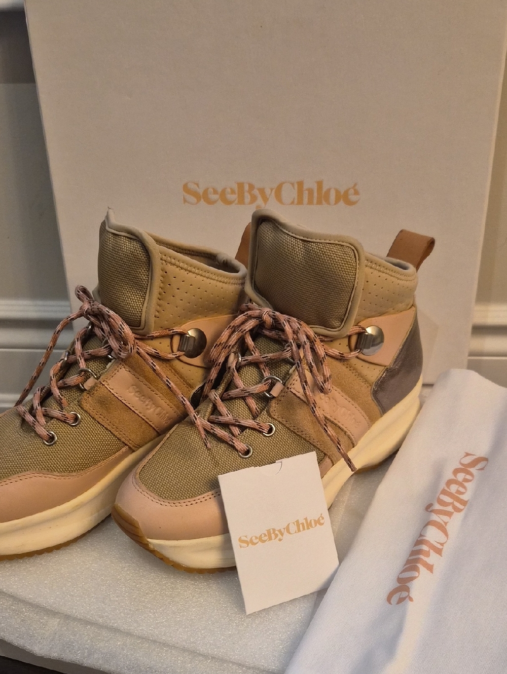 💯 Auth See by Chloé Beige & Blush High-Top Platform Sneakers